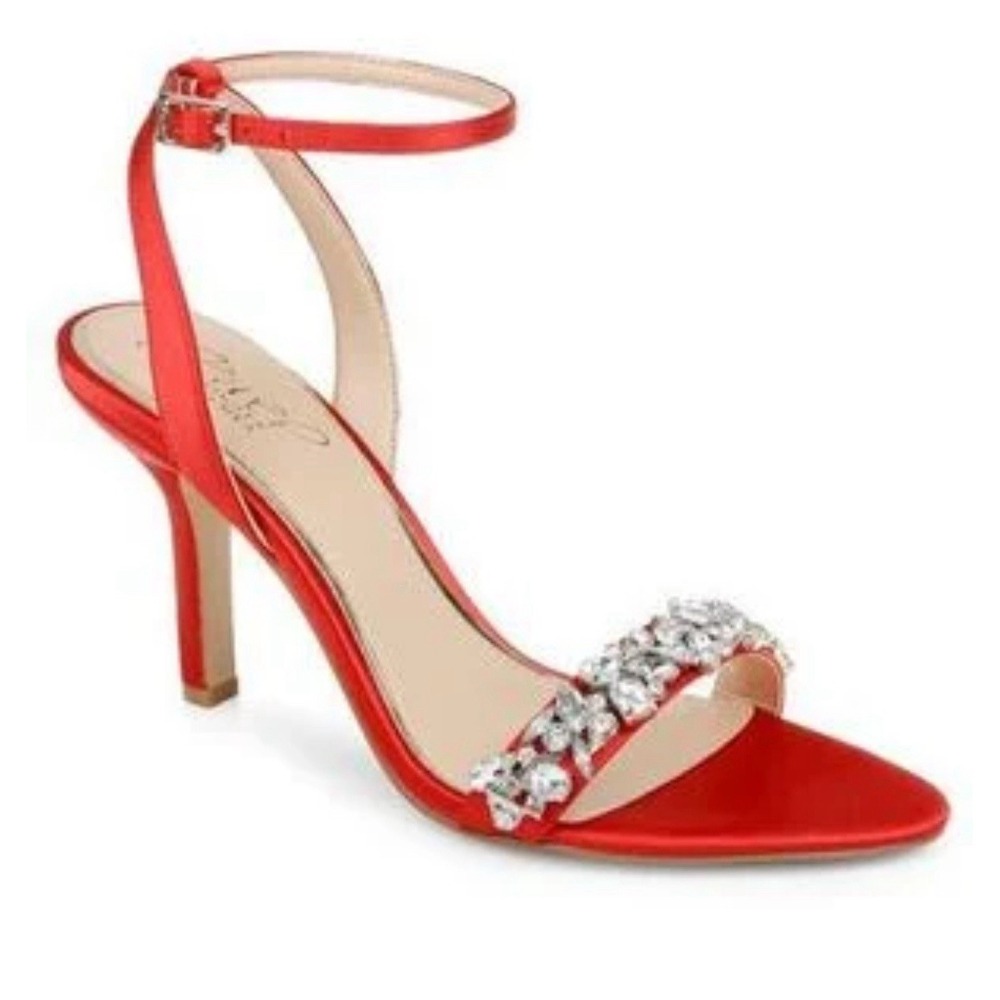 Badgley Michka Jewel Red Satin Ojai Strappy rhiestone evening sandals Heels 7.5